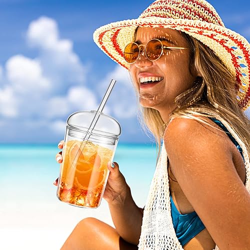 Miniatura 2 de Angoily Taza helada, 2 tazas de café de vidrio con tapas y pajitas, vasos de 15 onzas con forma de lata, lindo vaso para el hogar, bebida