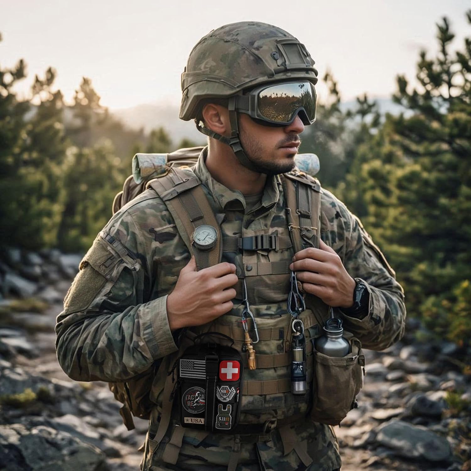 Imagem lateral do kit em uma paisagem ao ar livre. Imagem lateral do kit em uma paisagem ao ar livre.