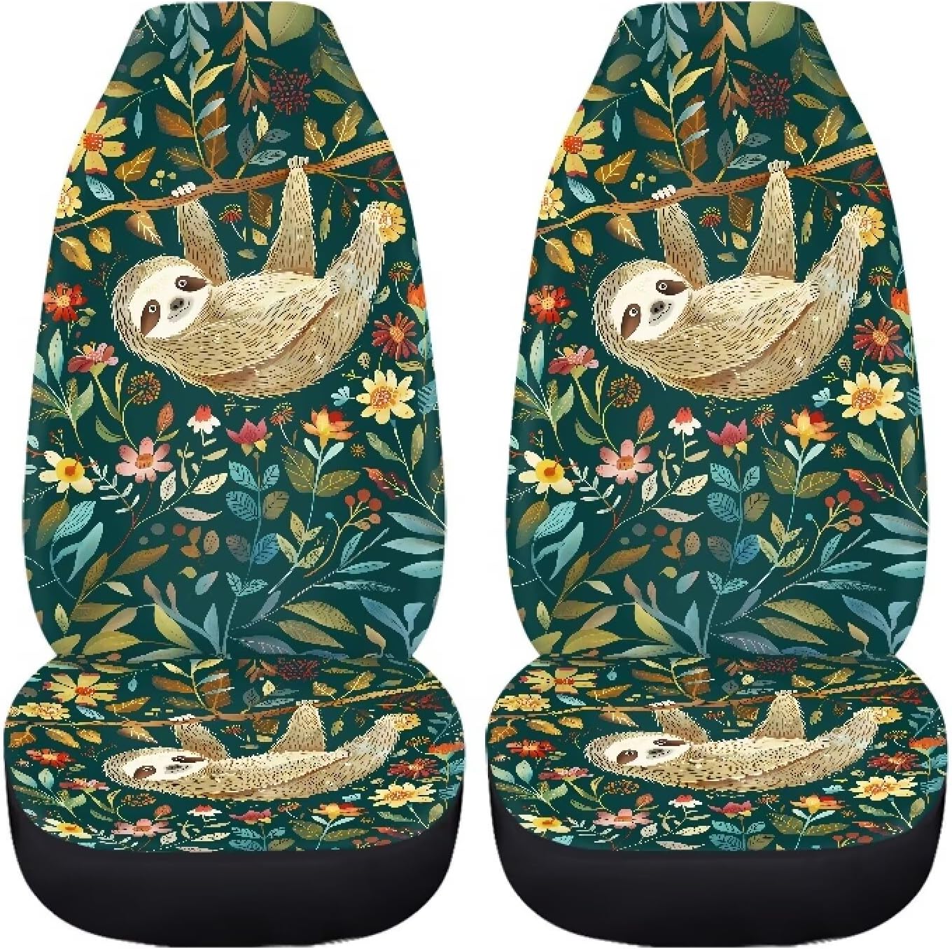 Sloth Floral Tree Pattern Cozy Car Seat Covers Front Seat Thicker for All-Season Seat Covers for Cars, Universal Fit Interior Covers for Most Cars Sedan Van Truck SUV