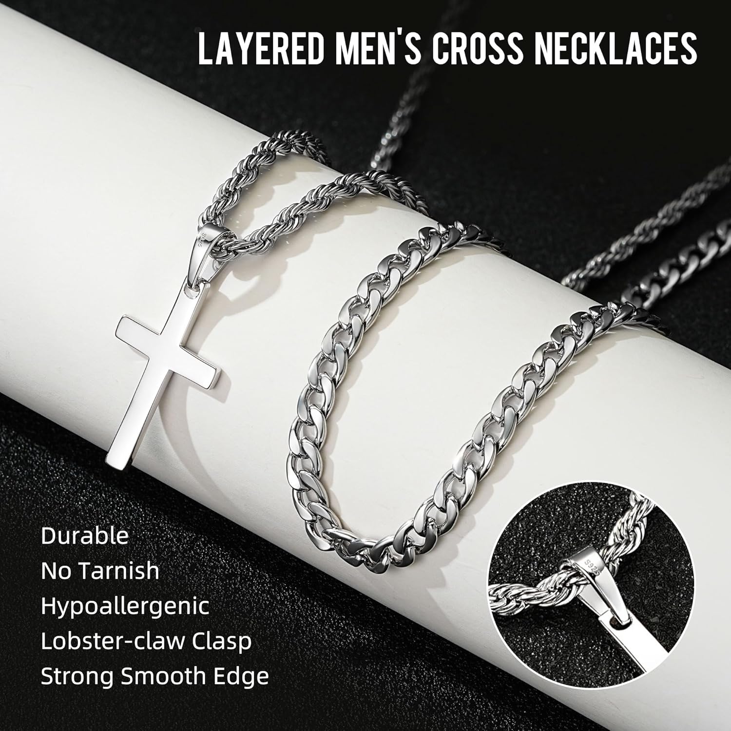925 Sterling Silver Layered Cross Necklace for Men 18K White Gold Plated Pendant Necklace Stainless Steel Cuban Link Twist Chain Jewelry Gifts Cross Chain Necklace for Men 18-26 inches - Image 3
