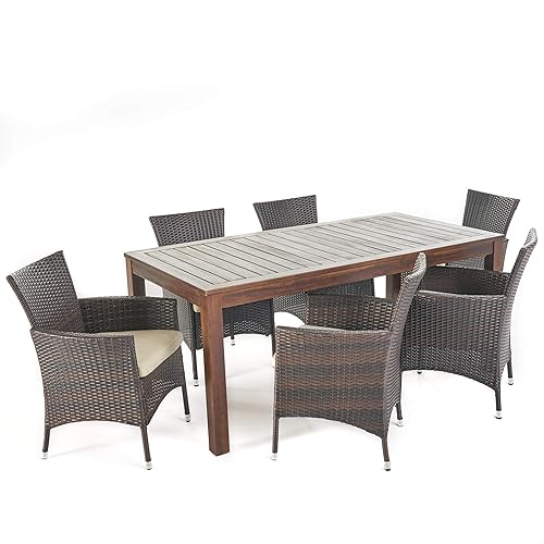 Christine Outdoor Dining set with Wood Table and Wicker Dining