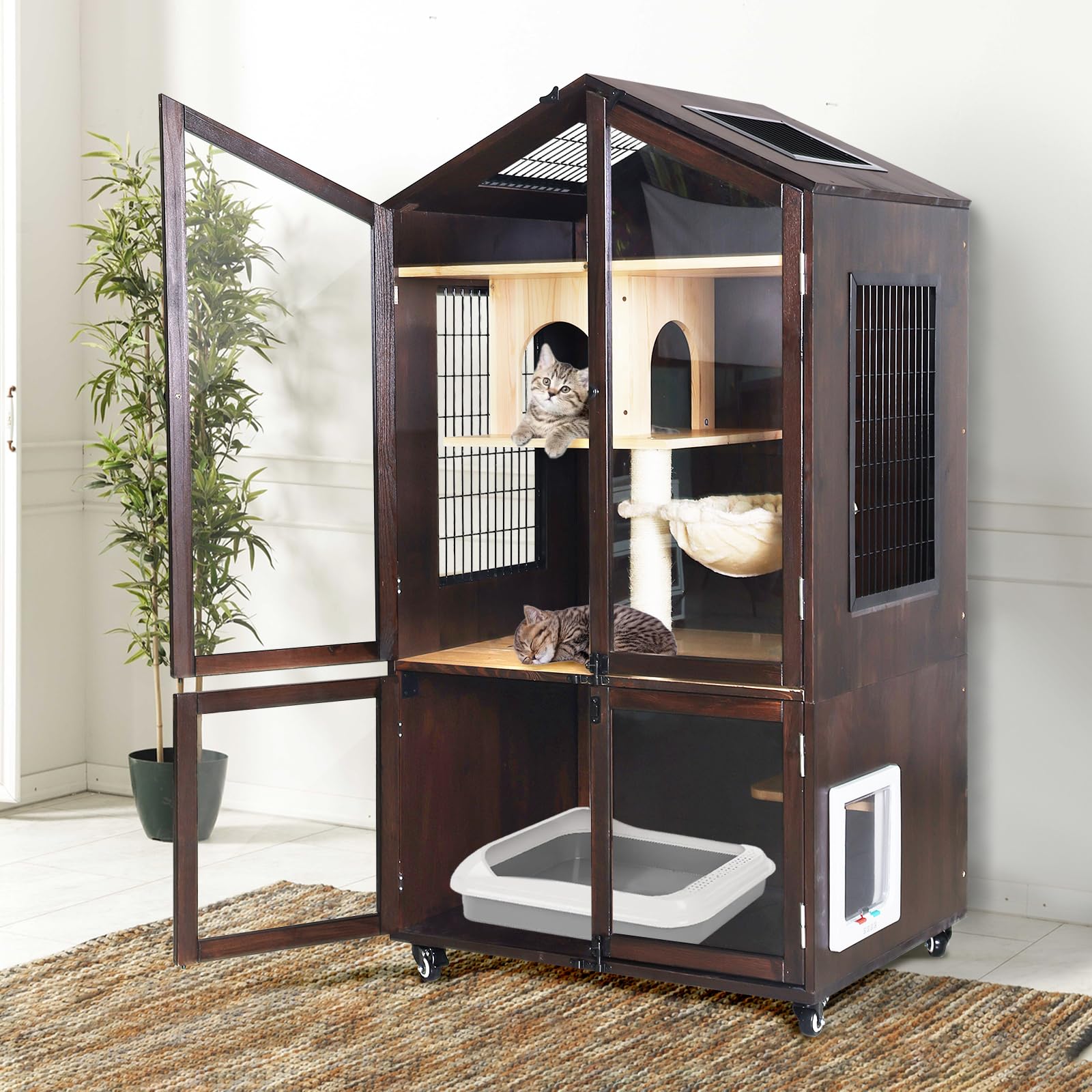 Litter Box Enclosure, Cat Litter Box Furniture with Movable Wheels, Large Hidden Litter Box Furniture with Scratching Post, Wooden Cat House, End Side Table