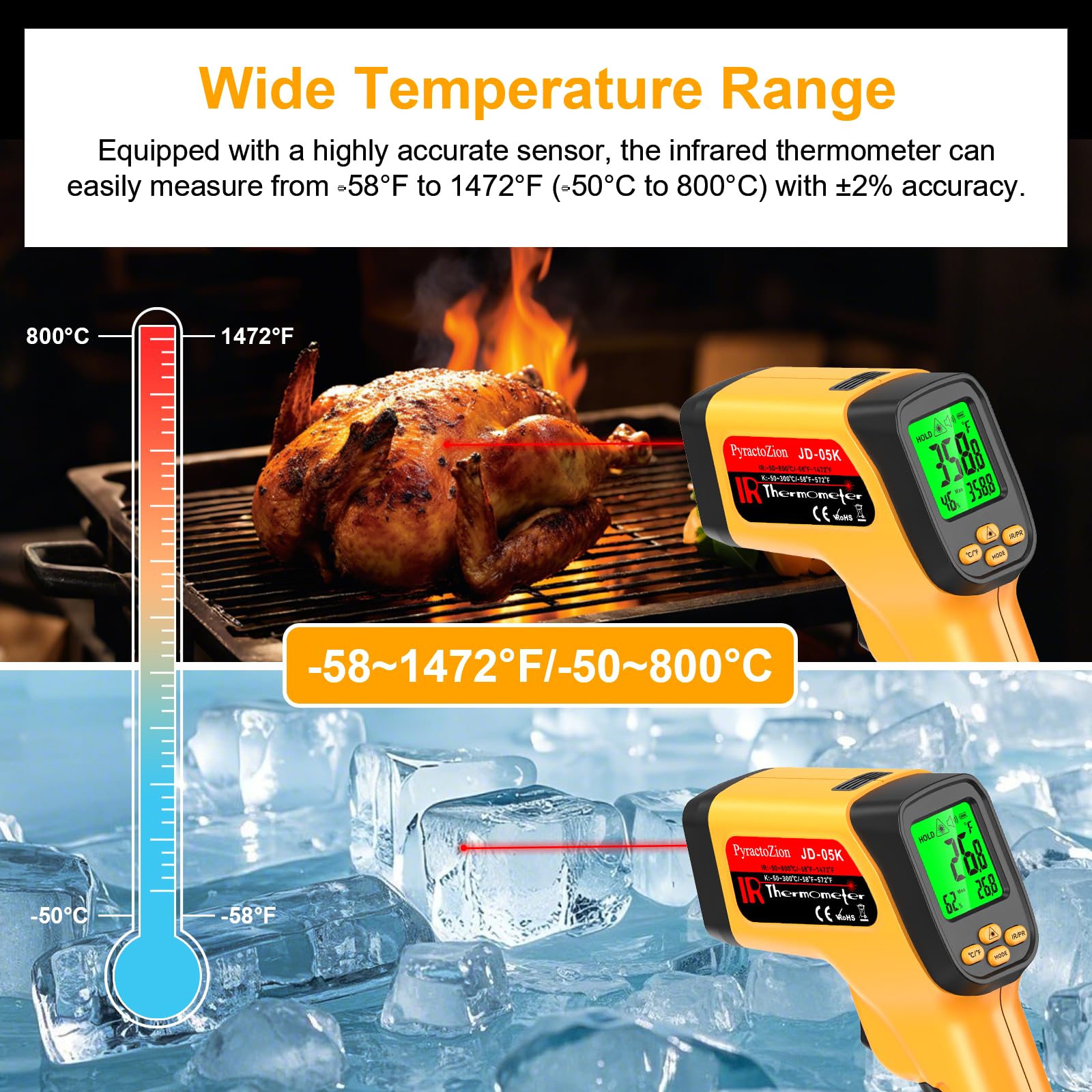 Infrared Thermometer Gun, Dual-Mode with Non-Contact IR & K-Type Thermocouple Probe Meature, -58°F to 1472°F High Accuracy Laser Temperature Gun with Emissivity, Humidity, for Cooking, Industrial Use — Amazon image 4