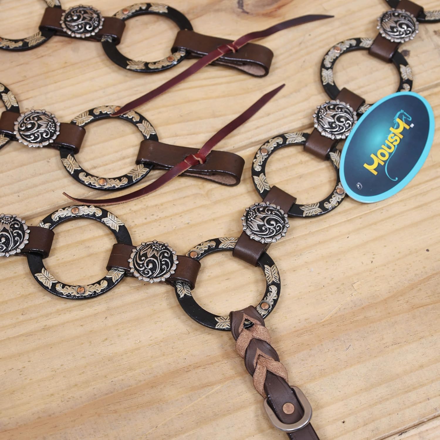 Western Ring Headstall and Breast Collar Handmade Tack Set for Horses, Two-Tone Brown with Engraved Nickel Rings, Raw Leather Laces & Braided Browband, Argentina Leather