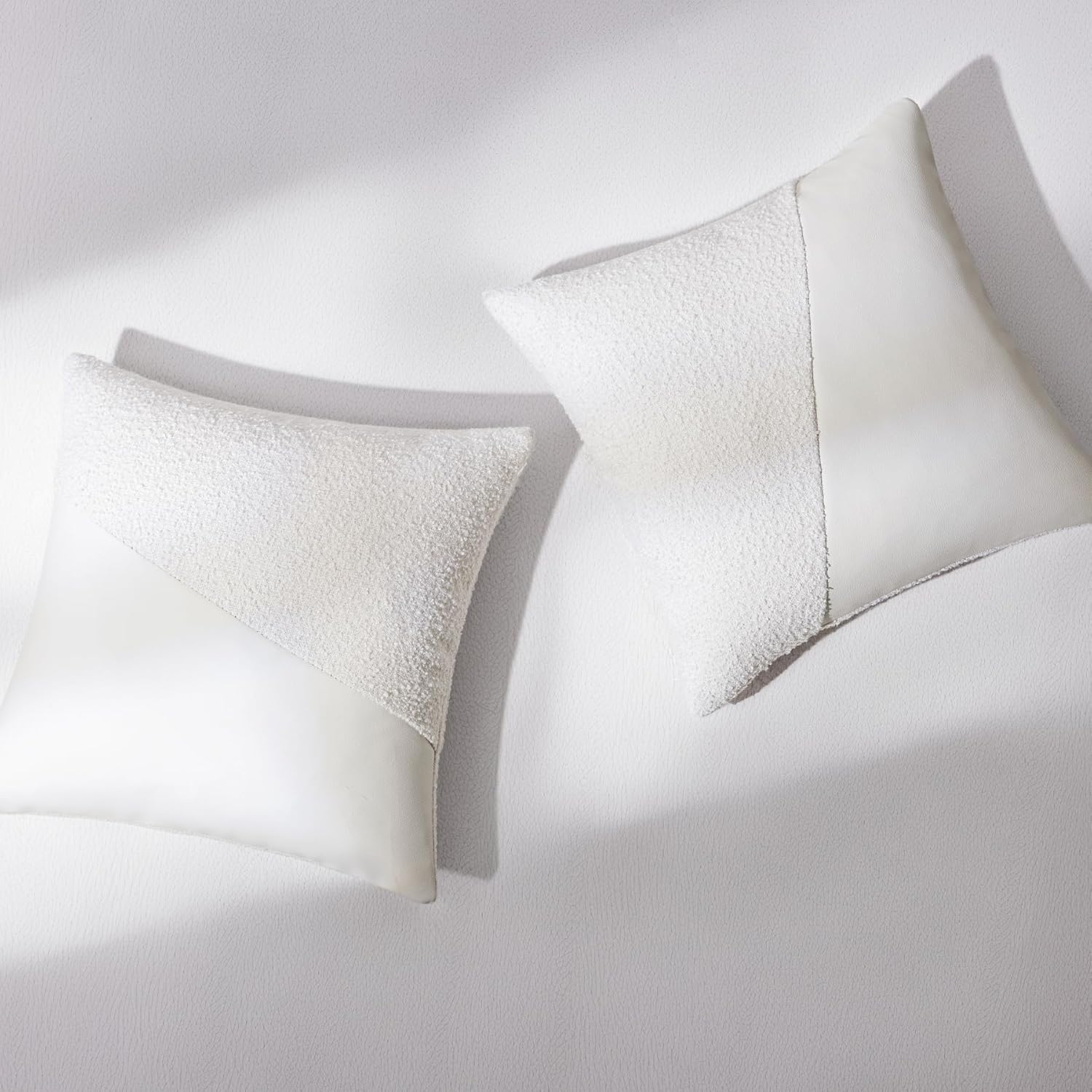 Boucle Throw Pillow Covers 22"x22" Set of 2, White Decorative Textured Cushion Covers with Faux Leather Patchwork, Boho Farmhouse Accent Pillowcases for Organic Aesthetic Home Decor