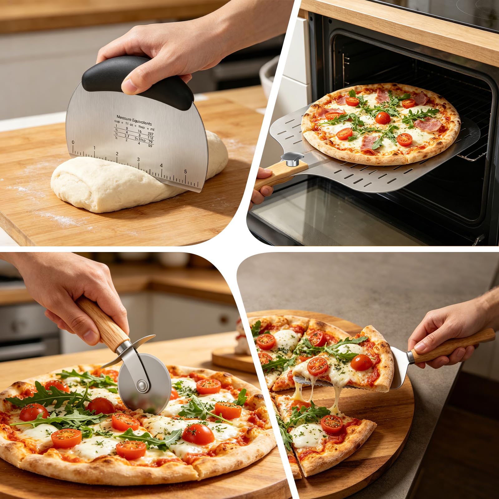 Lot de 4 ustensiles de four à pizza, pelle à pizza de 30,5 cm avec poignée pliable, grattoir à pâte avec échelle de mesure, roue à pizza et pelle à tranche, pour cuire, trancher et servir pour les