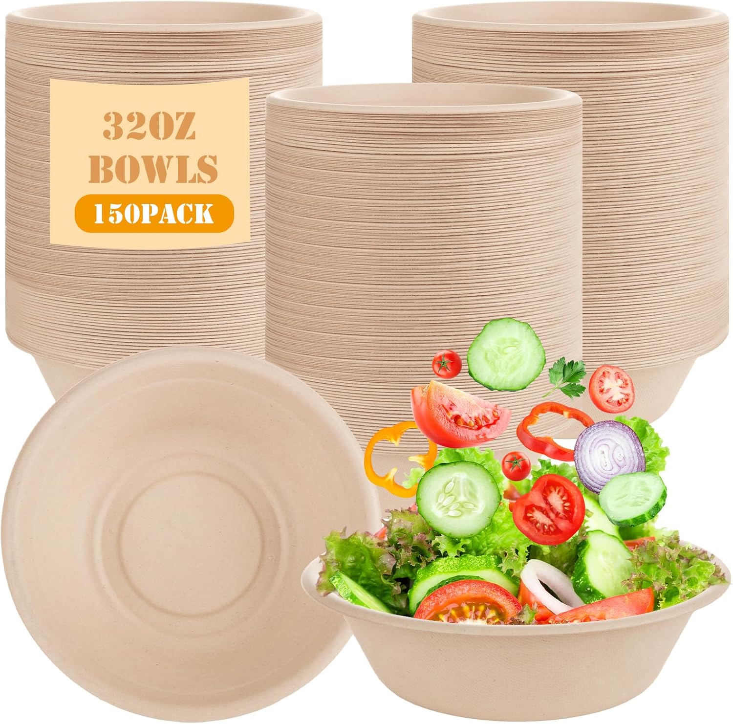 150Pack 32oz Disposable Paper Bowls, Big Paper Bowls, Disposable Meal Prep & Takeout Bowls, Heavy-Duty Bagasse Bowls for Ramen, Hot Soup, Salad & Large Portions, Microwave & Freezer Safe