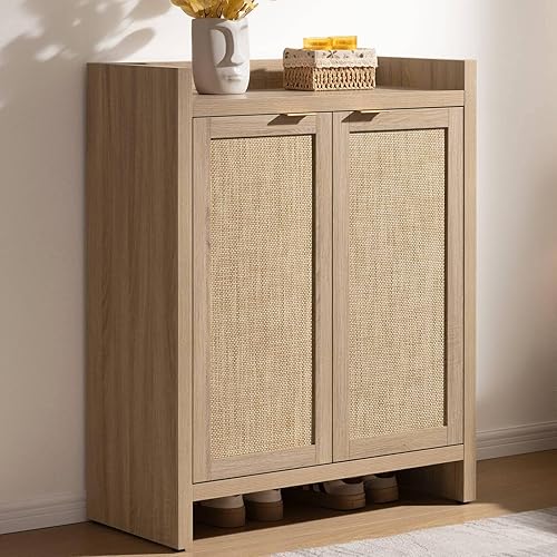 SICOTAS Armario para zapatos, 24 pares de zapatos, armario organizador de zapatos de ratán de 41 pulgadas de alto con puertas y estantes, gabinete