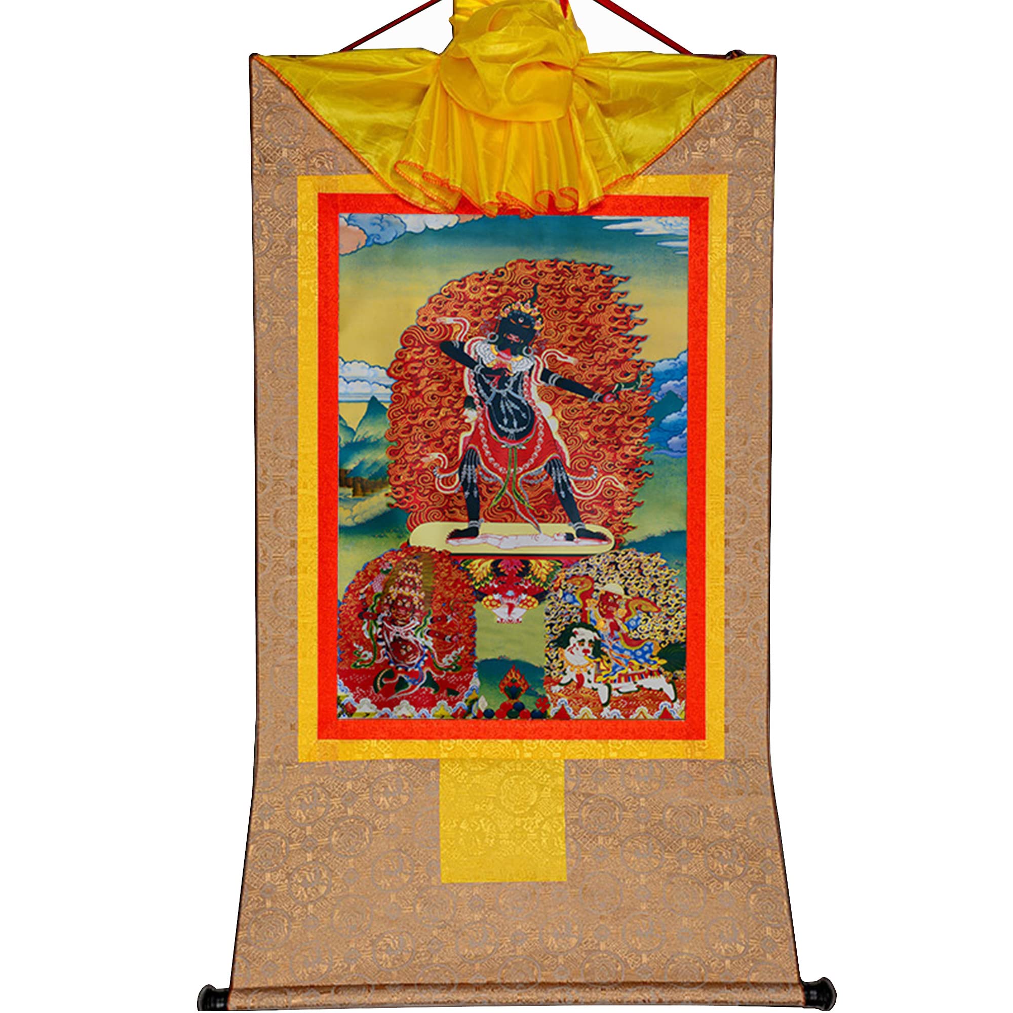 Gandhanra Thangka Tibetische Wandbehang,Drei Dharmapalas der Gelugpa,Palden Lhamo,Mahakala und Yamantaka,Heißgeprägter Buddha Wandteppich für Zen Wohnkultur, Meditation, Spirituelle Entspannung