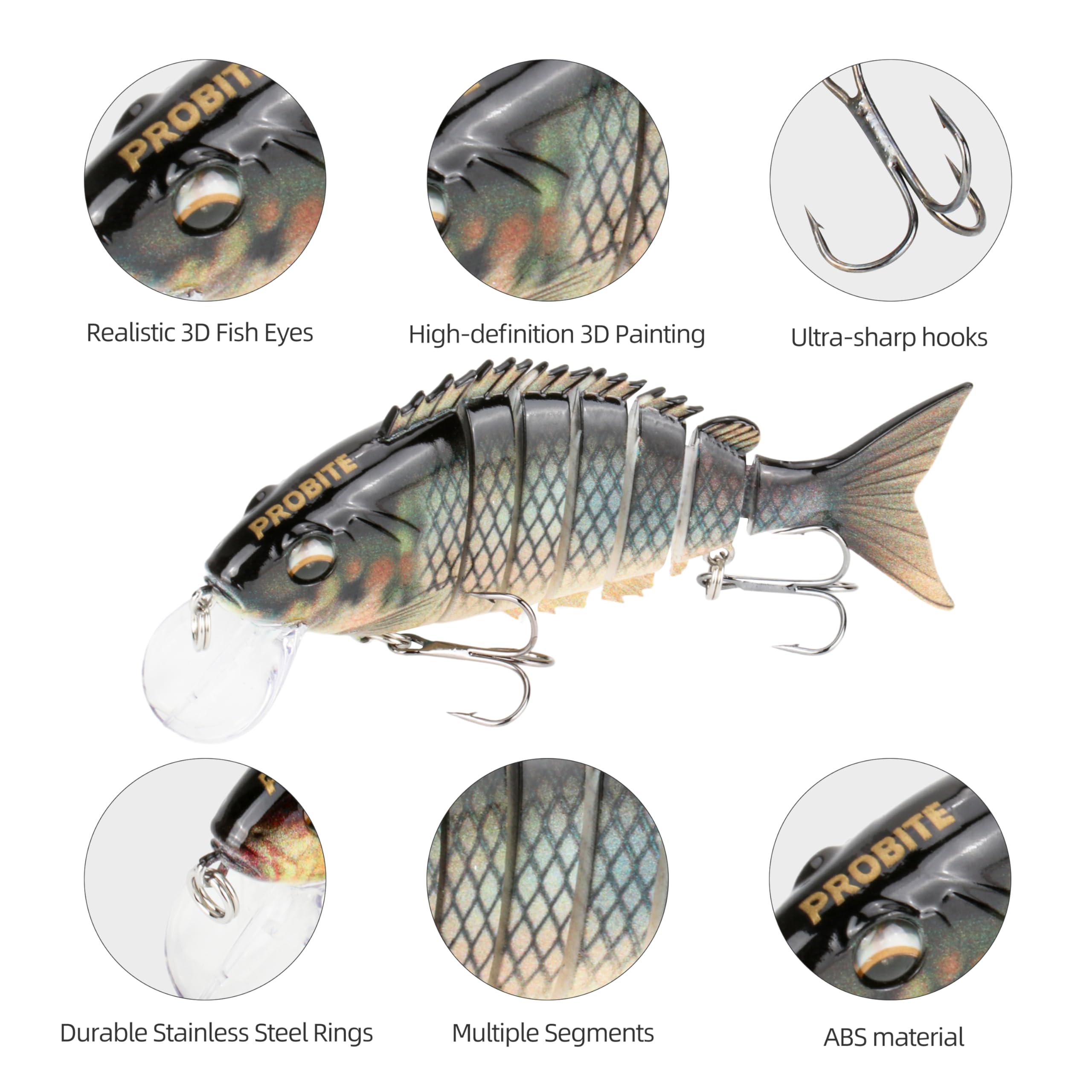 5 señuelos de pesca realistas: cebo multiarticulado para lubina, trucha, crappie, lucio, acción realista con ojos de pez 3D y ganchos afilados, perfecto para kits de pesca en agua salada y agua dulce