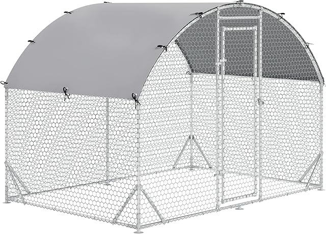 PawHut Walk In Chicken Run Galvanized Chicken Coop Hen Poultry House Cage Rabbit Hutch Pet Playpen Backyard with Water-Resist Cover, 2.8 x 1.9 x 2m