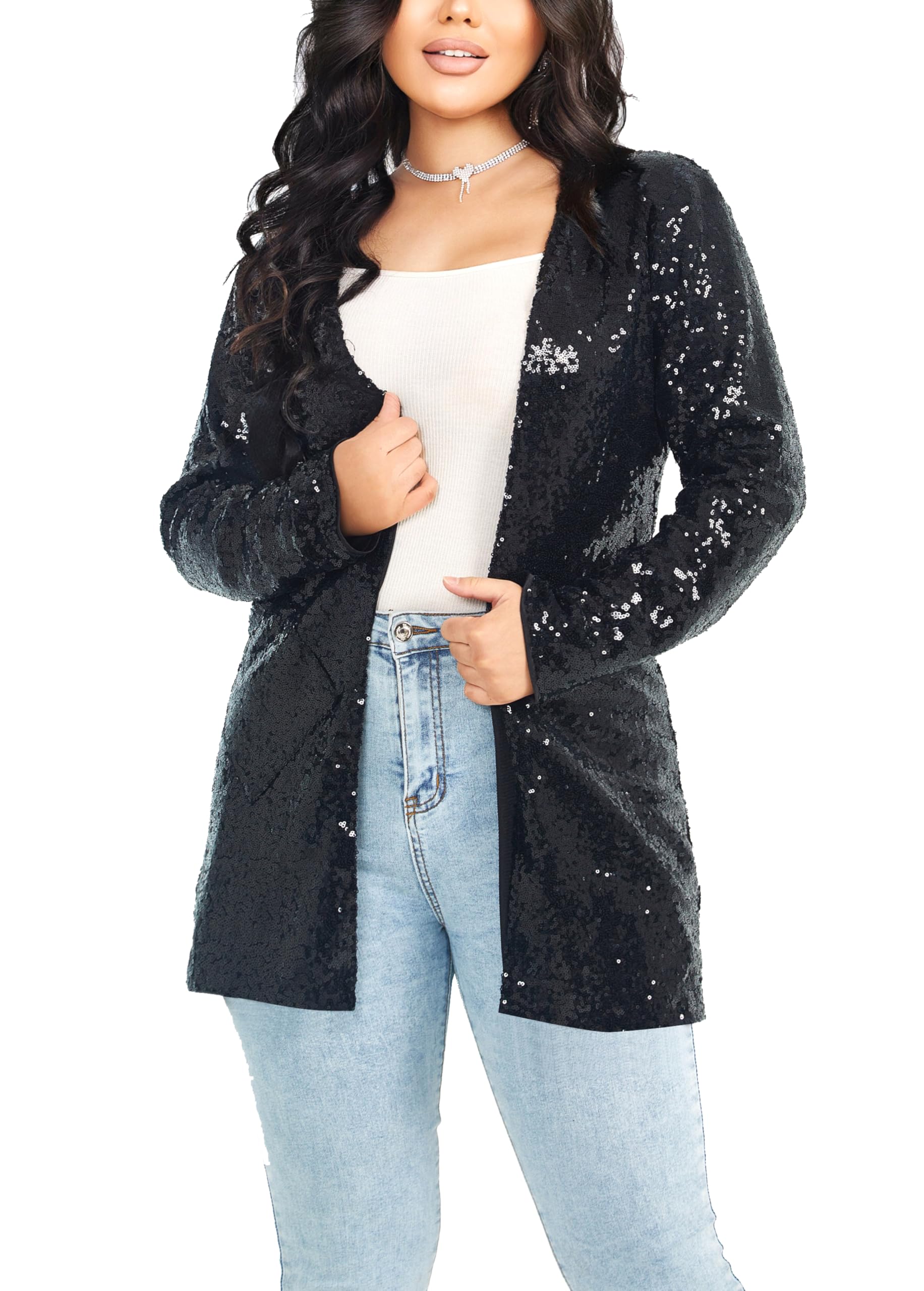Ladies Glitter Giacca Glitter Blazer Elegante Frontale Aperto Maniche Lunge Glitter Cardigan Festiva Giacca a Maglia Party Club