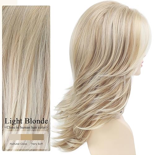 Miniatura 3 de XIUFAXIRUSI XIUFAXIRUSI Pelucas onduladas largas en capas para mujer, peluca de cabello natural sintético, pelucas rubias con reflejos, rubio claro