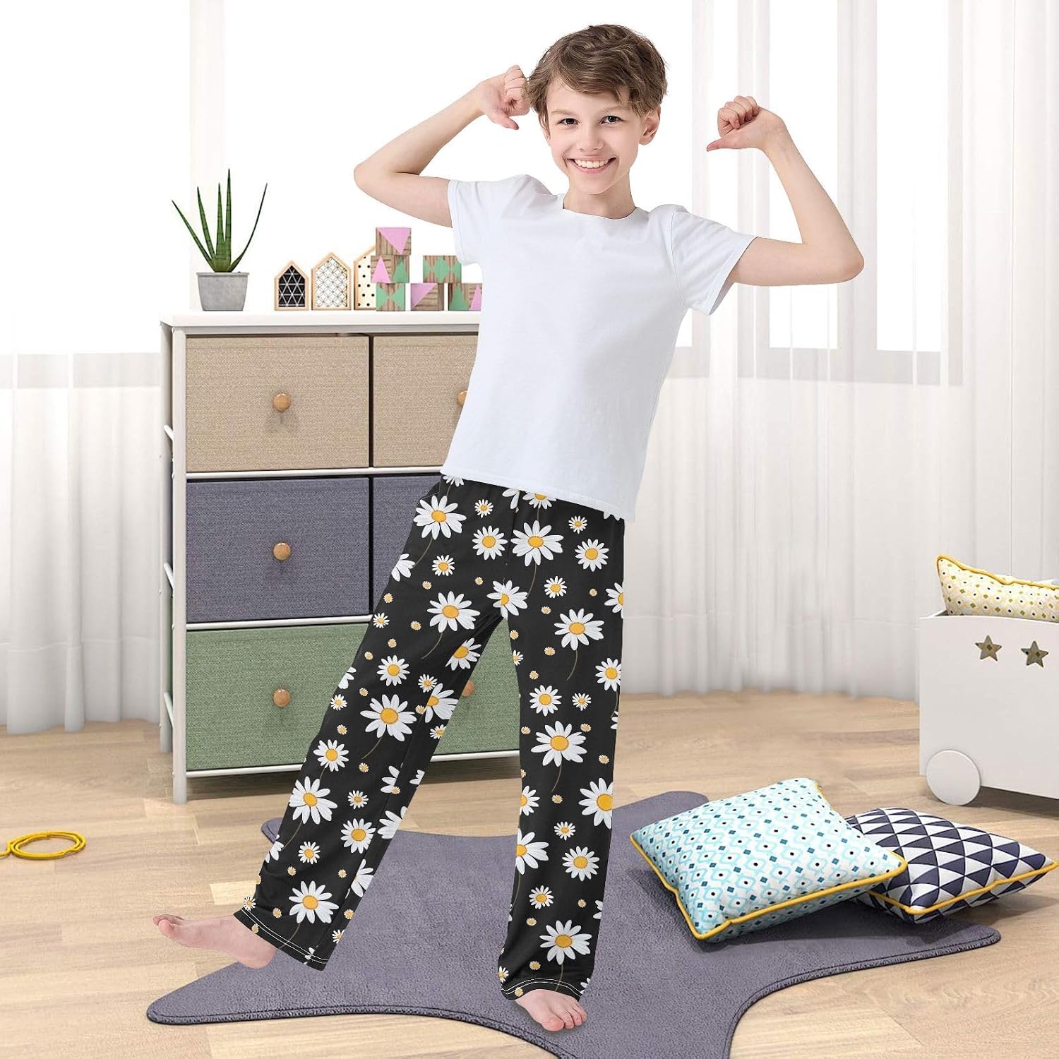 Daisy Floral Spring Leaves Pajama Lounge Pants with Elastic Waist Pockets Long Pajama Bottoms for Christmas