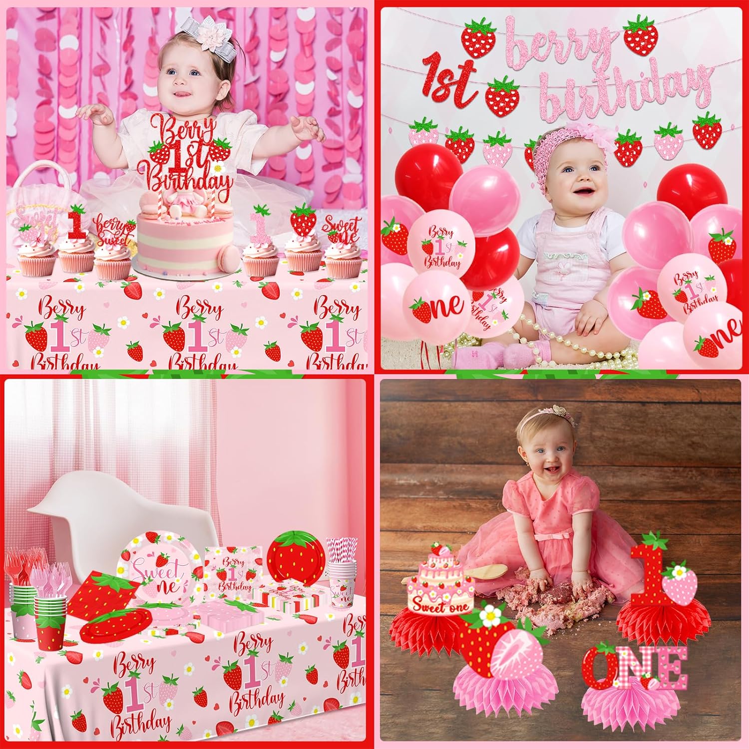 Berry First Birthday Decorations,190pcs Strawberry First Birthday Decorations Include Banner,Plates,Napkins,Tablecloth,Cup,Balloon,Cake Topper,Strawberry 1st Birth Day Decorations for Girl,Serve 24 - Image 6