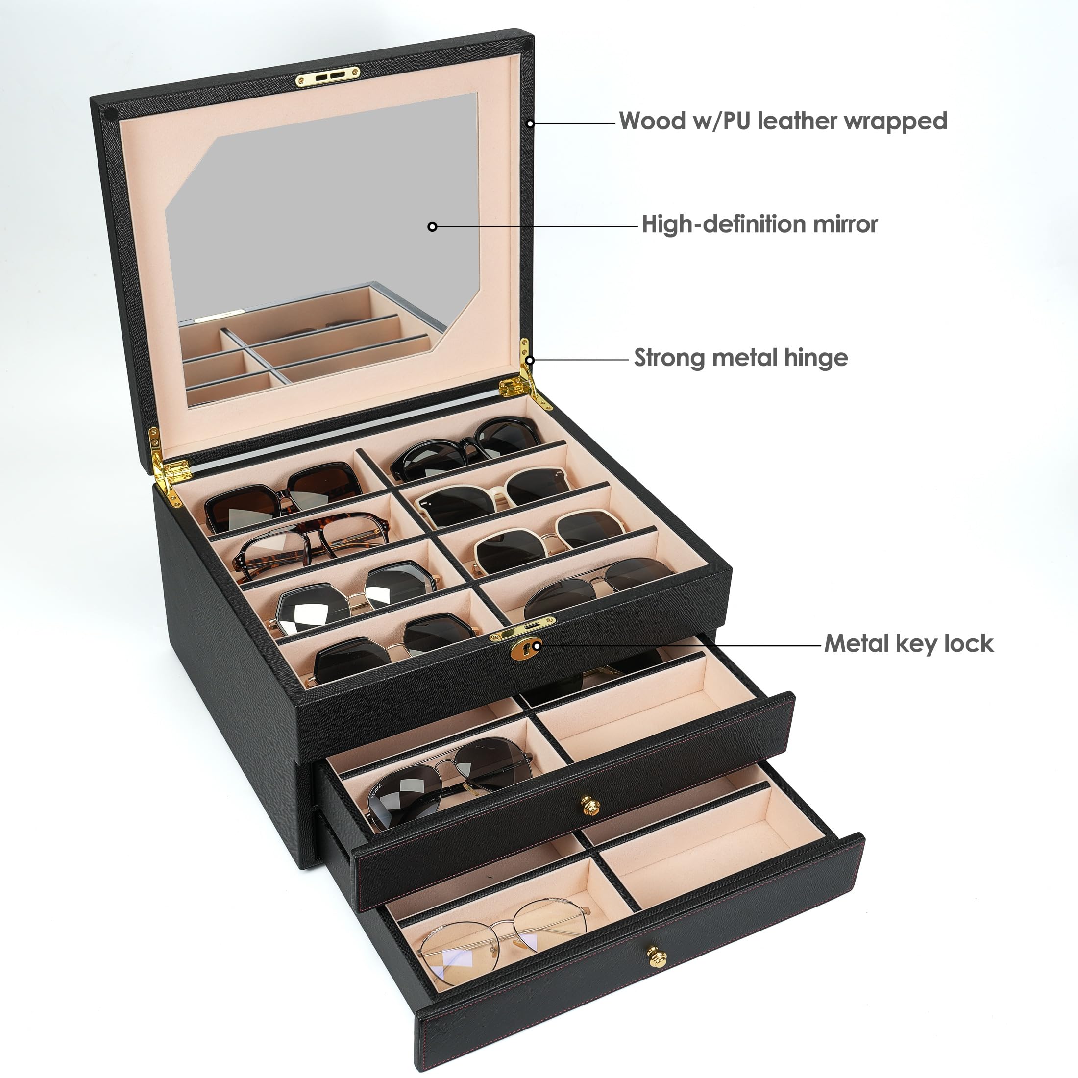 Luxuriöses Sonnenbrillenetui, 3-lagig, 24 Schlitze, Brillen-Organizer, Brillenaufbewahrungsbox für Damen und Herren, PU-Leder mit Spiegel (schwarzes PU)