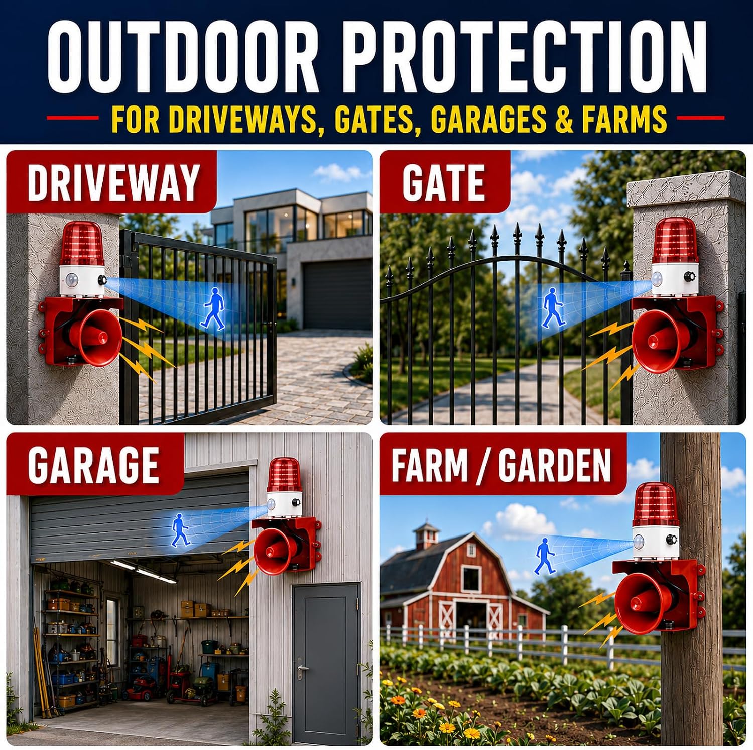 Motion Sensor Alarm with Human Detection & Remote Control, Outdoor Security Alarm with 130dB Adjustable Siren and LED Strobe Light, Home Security, Driveway, Garden and Property Protection