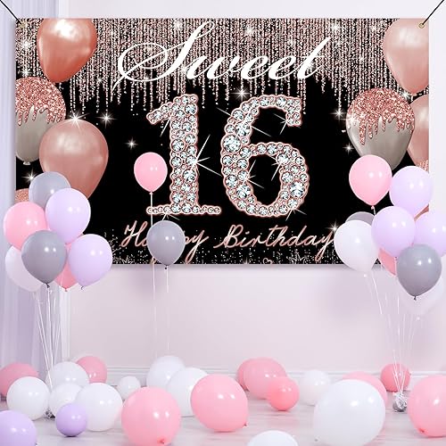 Miniatura 6 de Cartel de fondo de decoración de fiesta con el número 16 de Happy Sweet 16, decoraciones de dulces dieciséis para niñas, oro rosa, letrero de feliz