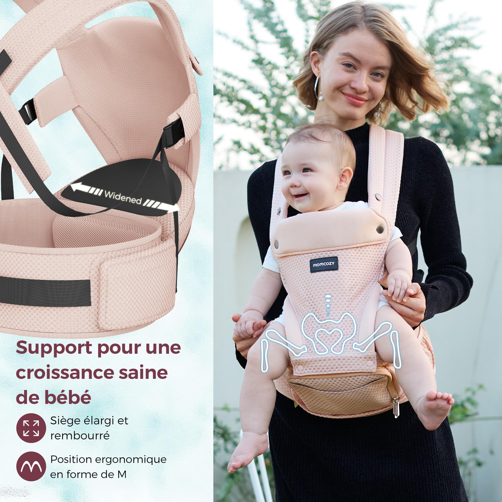 Momcozy Nosidełko dziecięce z poduszką na biodra, 2 w 1, regulowane i zdejmowane, do 20 kg, różowe