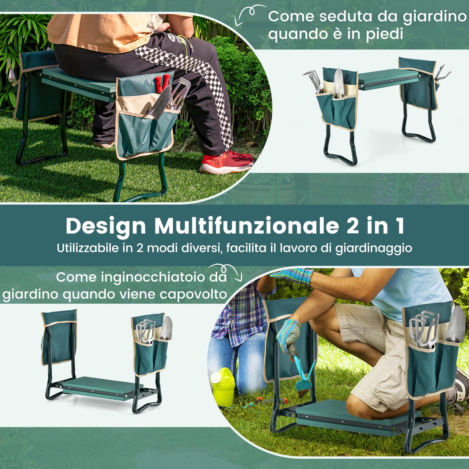 COSTWAY Inginocchiatoio da Giardino 2 in 1 Portatile e Pieghevole, Sgabello da Giardino con Inginocchiatoio e Borsa, Sedile per Giardinaggio da Inginocchiare e Sedere (58 x 27,5 x 50 cm, 2 Tasche)