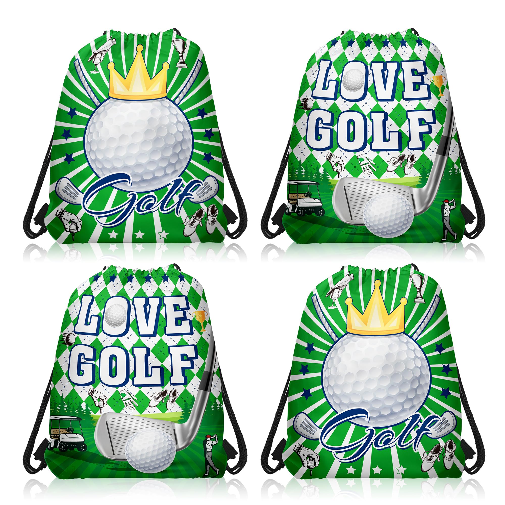 CC HOME 12 Pack Golf Drawstring Party Bags, Green White Golf Ball Gift Candy Treat Bags, Gym Ball Sports Theme Party Favor for Baby Shower Kids Girls Boys Birthday Decorations 10.6 x 13.4''