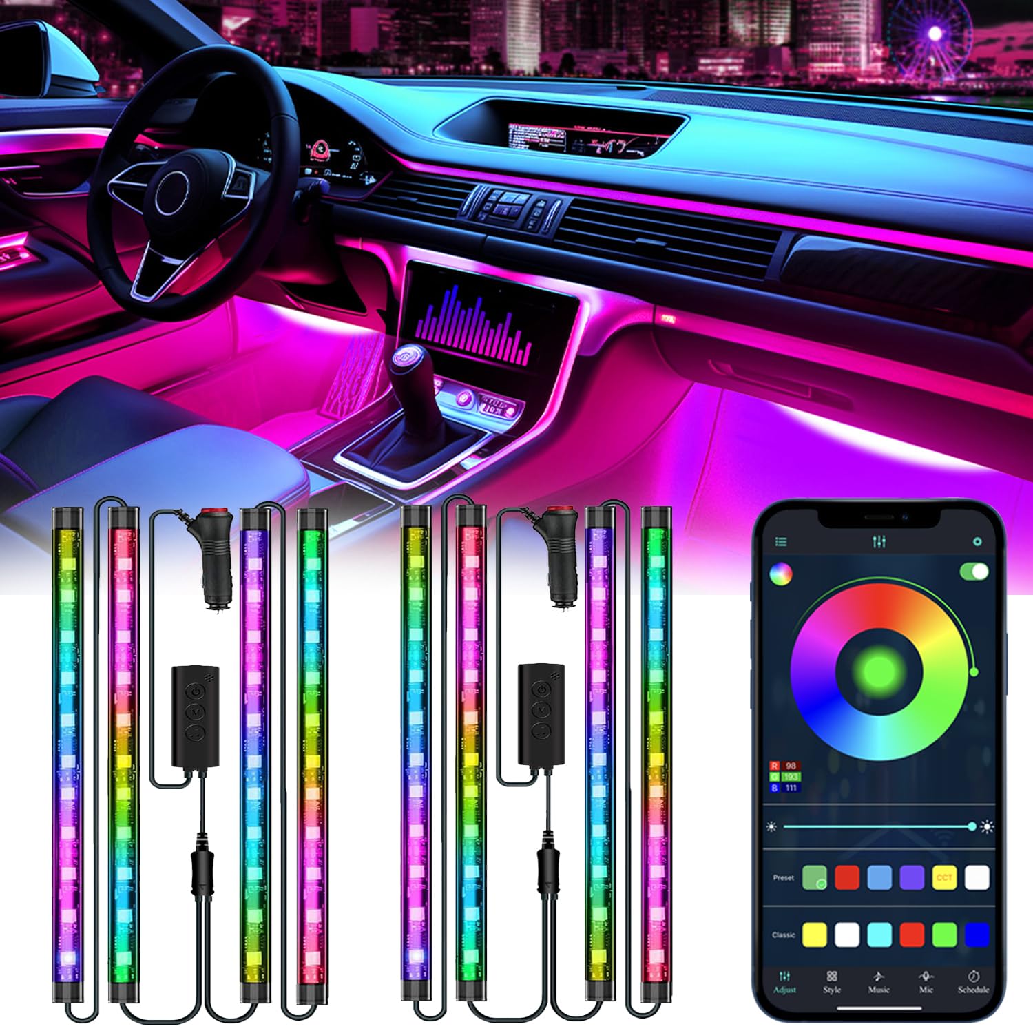 2Pack Car LED Lights, RGB Smart Car Interior Lights, App Remote Control