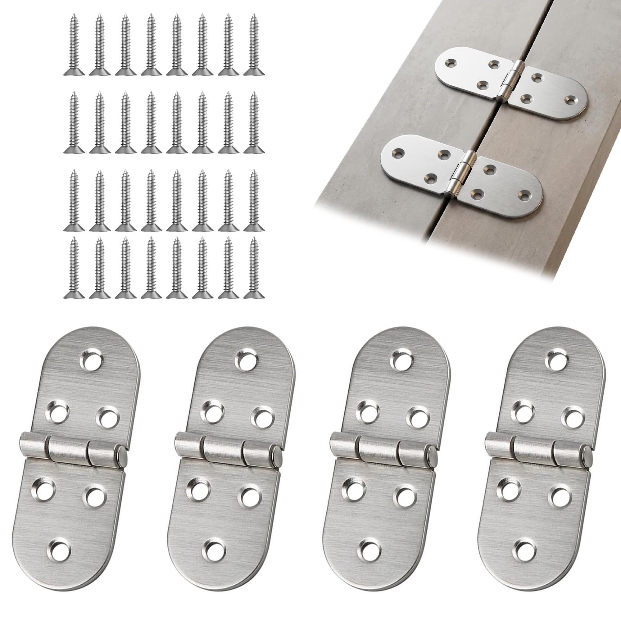 LEOUEANR 4 Sets 180-Degree Folding Hinges, Stainless Steel Flap Connectors, Rust-Resistant Metal Construction, for Furniture Assembly, Cabinet & Wardrobe Renovation Projects
