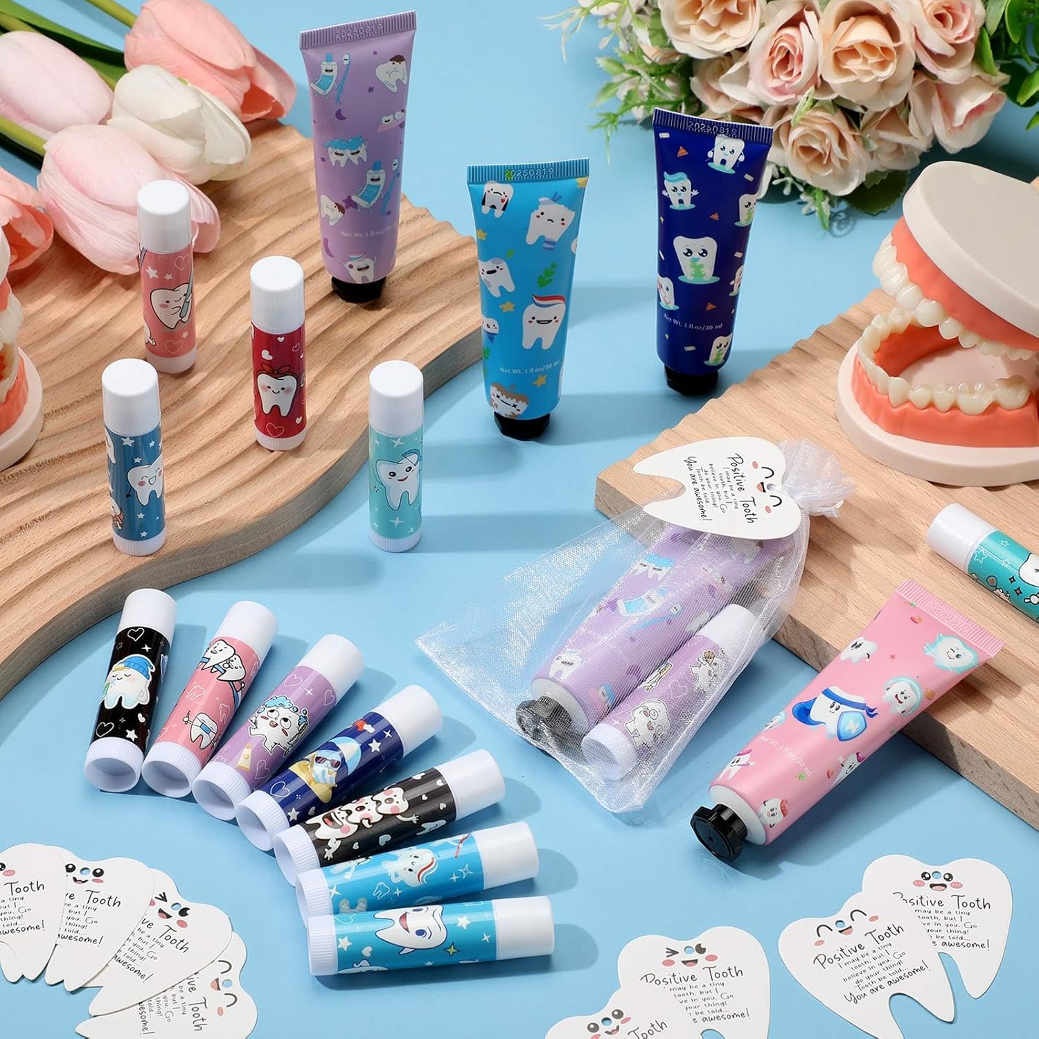Loopeer 24 Sets Dental Hygiene Gifts Dental Assistant Graduation Gifts Hygienist Appreciation Gift Moisturizing Lip Balm Hand Cream Dentist Thank You Gift with Cards Organza Bags for Nurse Week