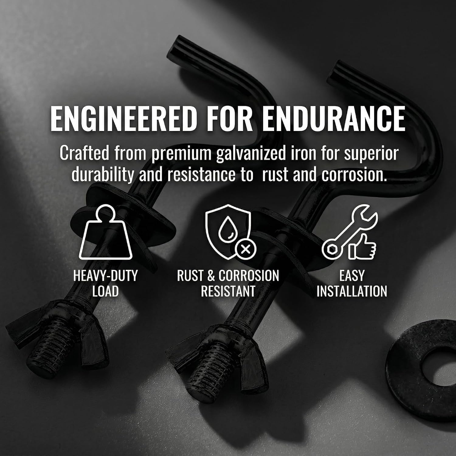 4Pcs Heavy-Duty Hammock Replacement Hooks, 3/8" Diameter, Fits 1-1/4"–2" Long Holes – Galvanized Zinc No Rust, Indoor/Outdoor, Black