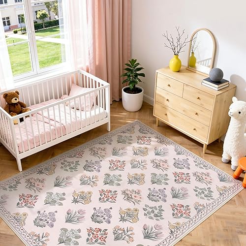 Miniatura 6 de Wonnitar Alfombras rosas para dormitorio, niñas, guardería, alfombra lavable con estampado floral de 5 x 7 pies, bohemio, ultrafina, antideslizante,