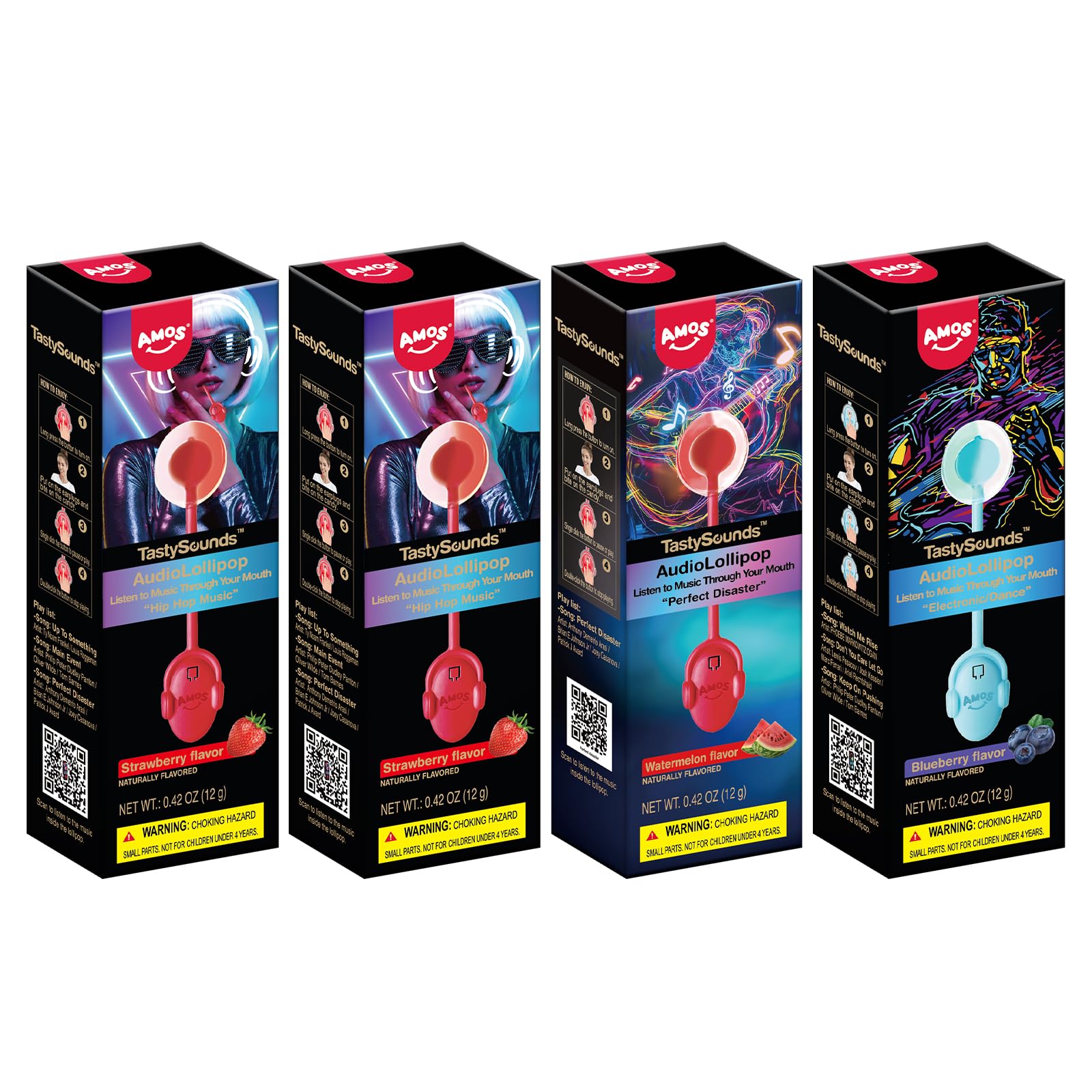 Amos TastySounds Audio Music Lollipop Candy – Singing Music Lollipop Suckers, Sugar-Free, 4-Pack Variety (Strawberry, Blueberry, Cola, Watermelon), Individually Wrapped