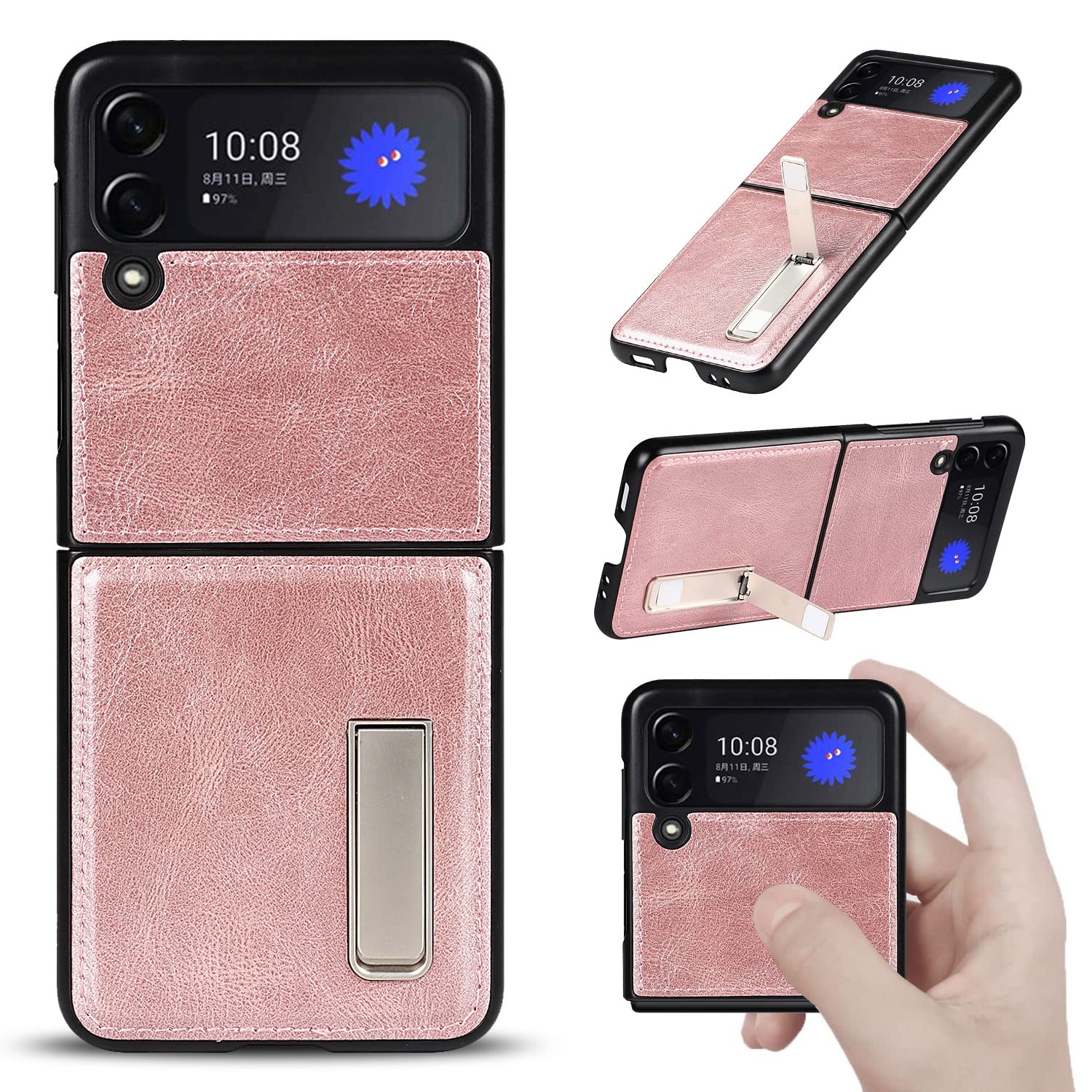 SailorTech Leather Cases for Samsung Galaxy Z Flip 3 Slim Wallet Case Crazy-horse Leather Case Folio Flip Cover with Kickstand Shockproof Protective Phone Case - Rose Gold
