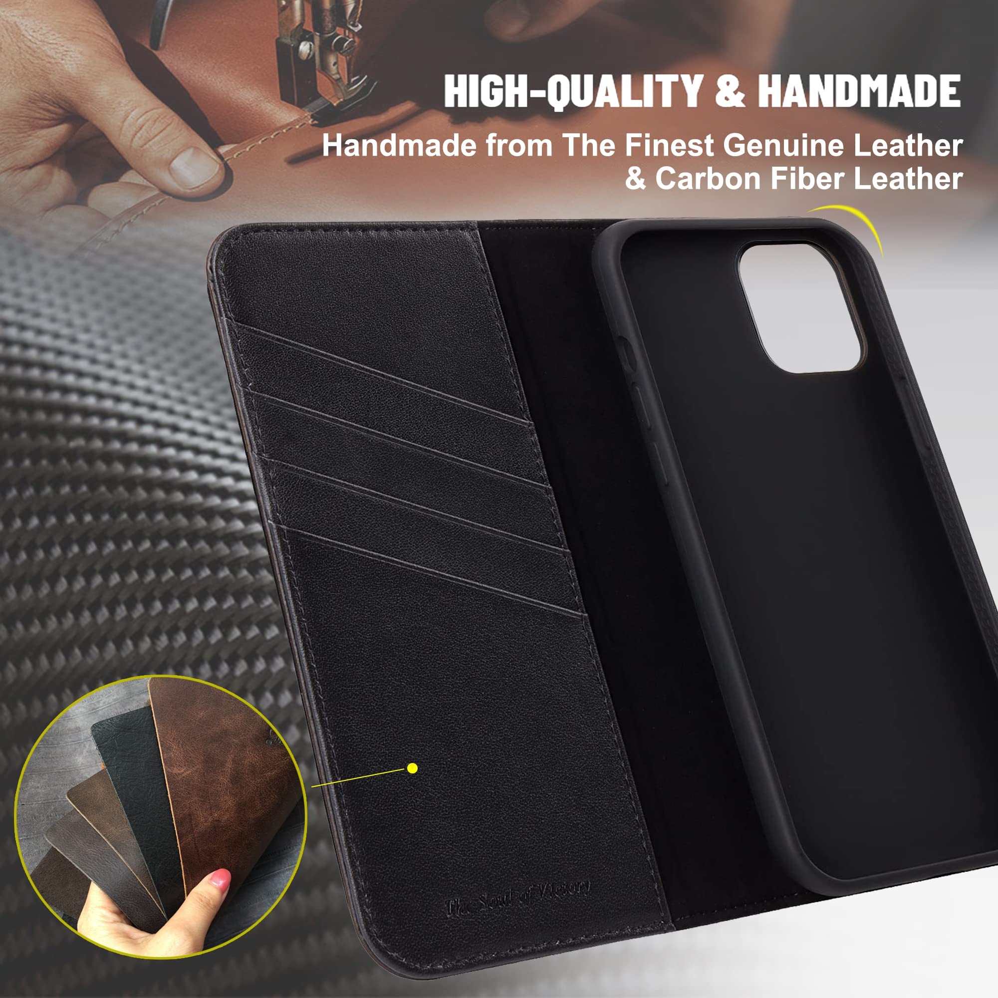 VISOUL Case for iPhone 13 Pro Max Wallet Case, Magnetic Carbon Fiber Leather Case with Card Holder for Men and Women, Folio Flip Cover with Kickstand for iPhone 13 Pro Max(6.7-inch)(Black+Black)