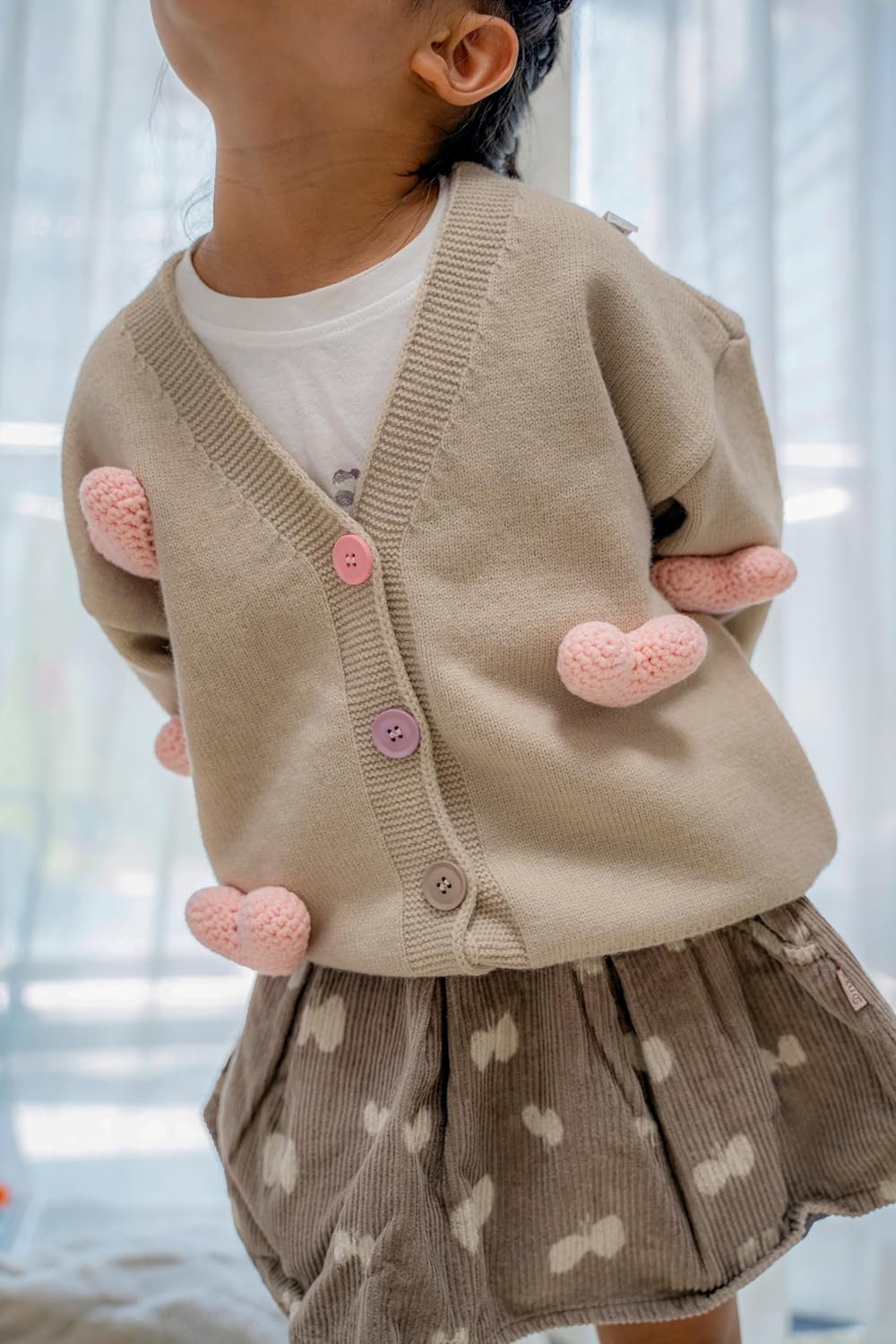 Riclena Girls Cardigan Sweater V-Neck Long Sleeve Cute Front Button Knit Sweetheart Sweaters - Image 2