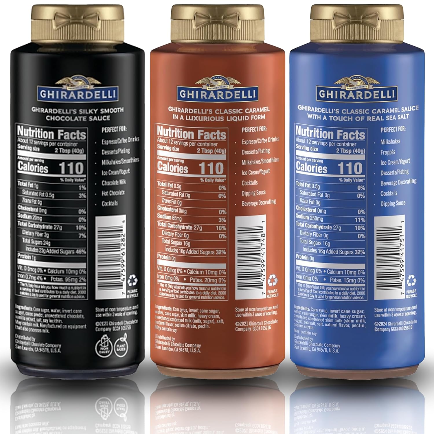 Ghirardelli Flavored Sauce Variety Pack | 16 oz Bottles (Pack of 3) | Chocolate, Caramel, and Sea Salt Caramel Dessert Toppings for Coffee, Ice Cream, and Baking Recipes