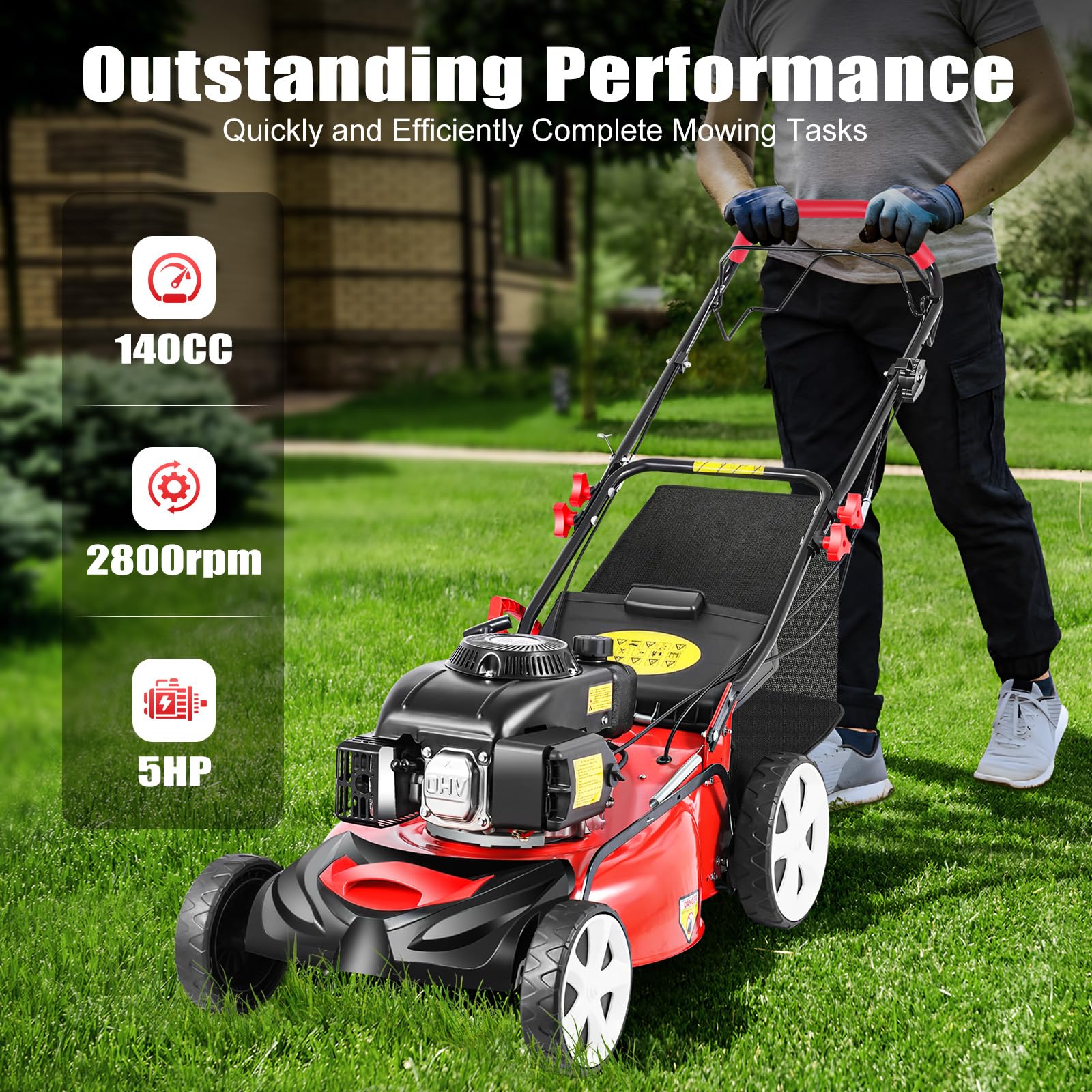 Cortacésped de gasolina, tracción a ruedas, función de mantillo, potente motor de 5 CV con 140 cc, ancho de corte de 51 cm, cesta de 60 l, cortadora de gasolina, mulcher