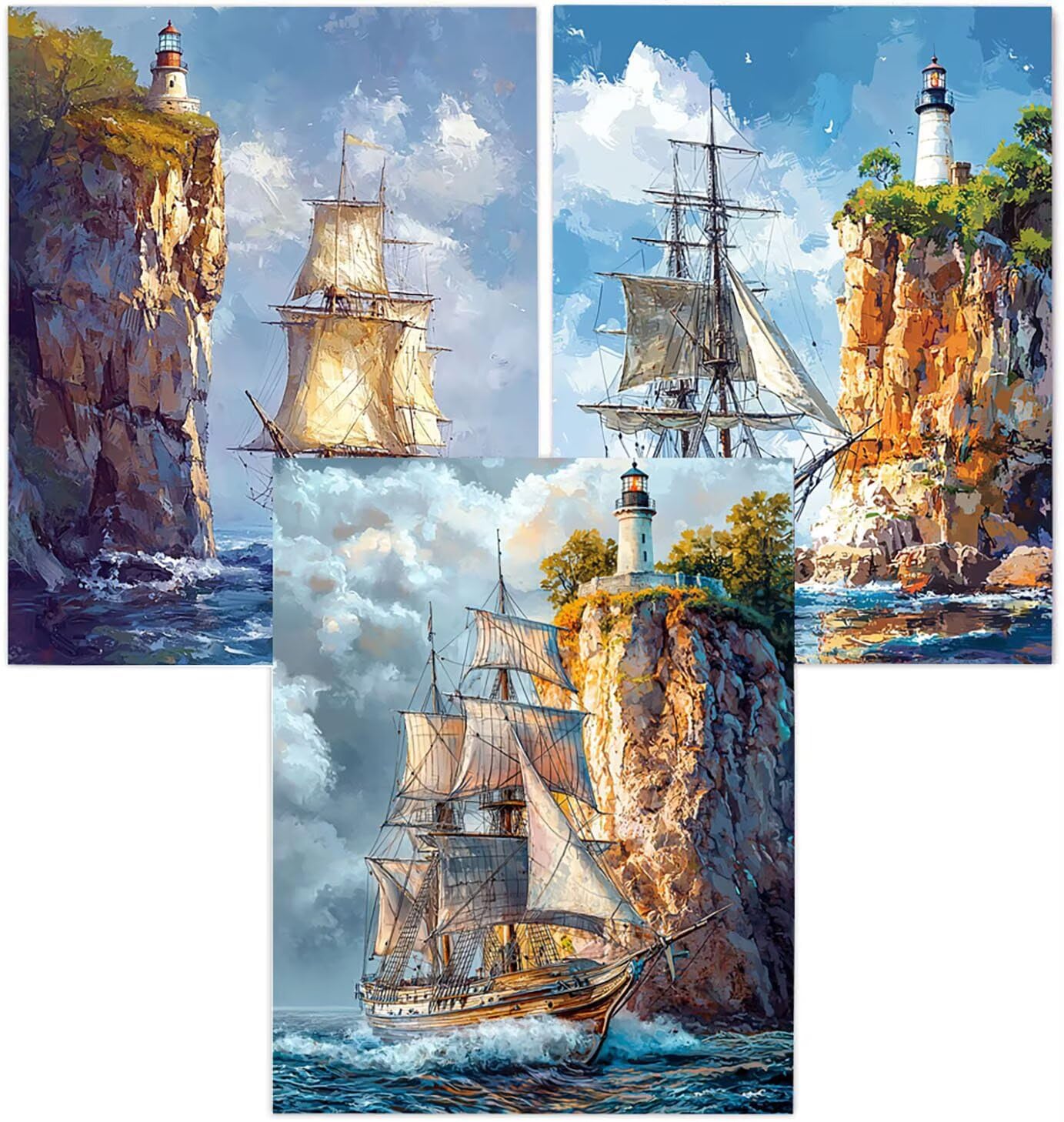 Cnyaunfi 3 Pezzi Oceano Pittura Diamante Fai-Da-Te 5D Blu Diamond Painting Kit Completo per, Hobby Creativi Adulti, Pittura Diamante Artigianale Per La Decorazione Della Parete Di Casa 70x90cm YF-3391