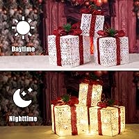 Vista 6 de Juego de 3 cajas de regalo iluminadas de Navidad, cajas de regalo de Navidad a pilas, LED blanco cálido con lazos para árbol de Navidad
