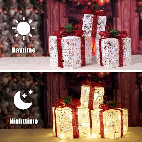 Miniatura 6 de Decoraciones de Navidad, juego de 3 cajas de regalo iluminadas de Navidad, cajas de regalo de Navidad a pilas, LED blanco cálido con lazos para