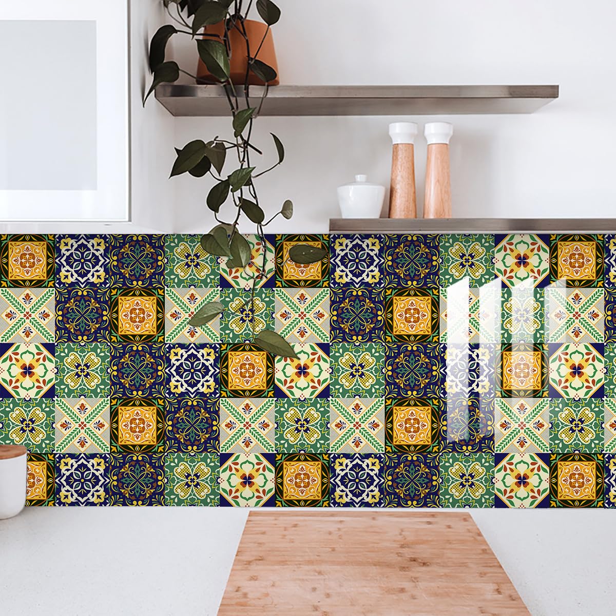 LMYSXAOZ Tile Stickers Grass Green Gold Stick on Tiles Kitchen Bathroom PVC Durable Self Adhesive Wall Transfers Waterproof Oil-Proof Peel and Floor Art 15x15cm/10 Pcs