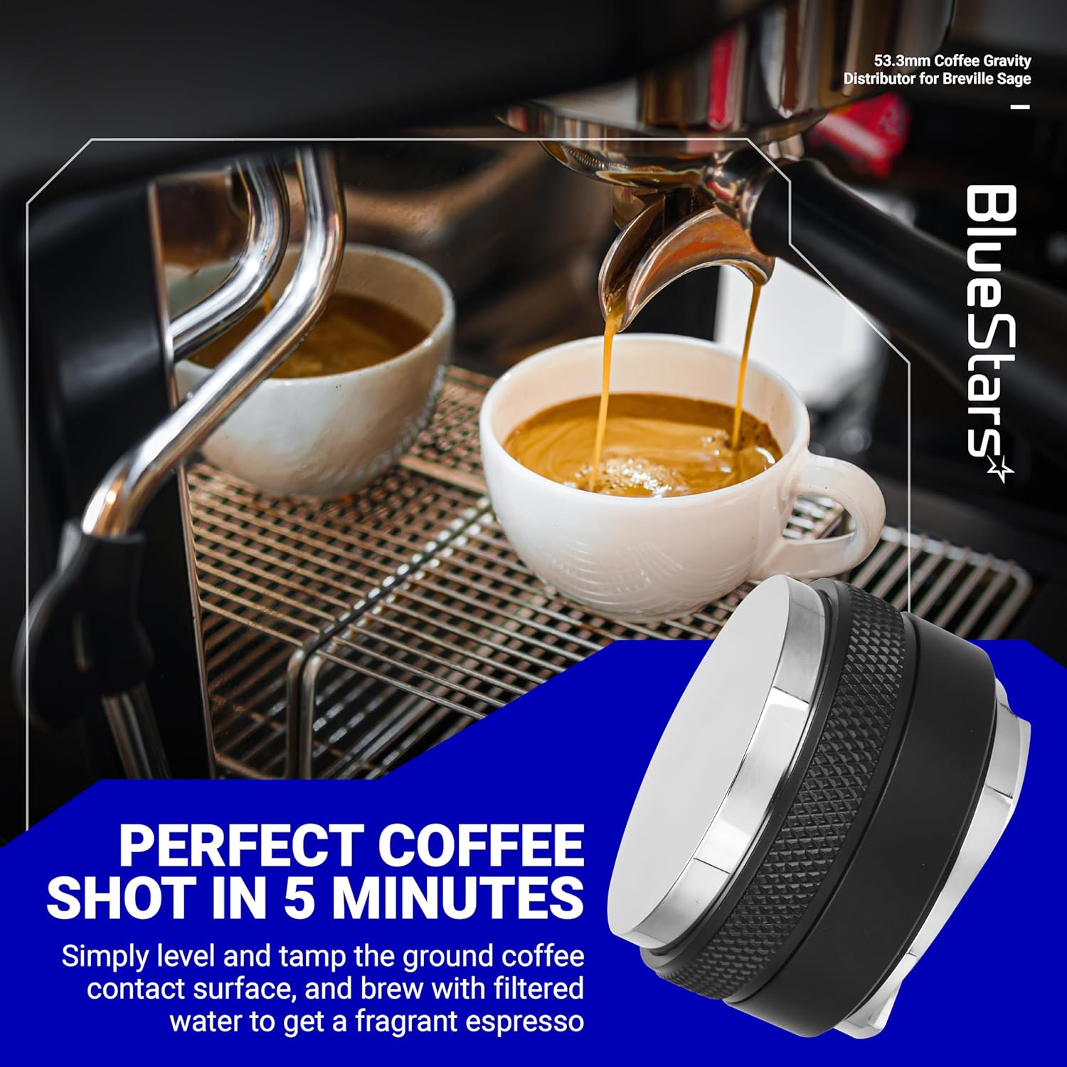 BlueStars 53.3mm Coffee Gravity Distributor & Tamper - Dual Head Coffee Leveler Compatible with 54mm Breville Portafilter - 304 Stainless steel Adjustable Depth Espresso Distributor Tool