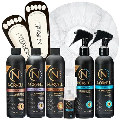 Norvell Spray Tan Starter Pack Complete Sunless Tanning Kit with Professional Tanning Solutions, Pre and Post-Tan Care, Neat Feet, Hair Caps and Drying Powder