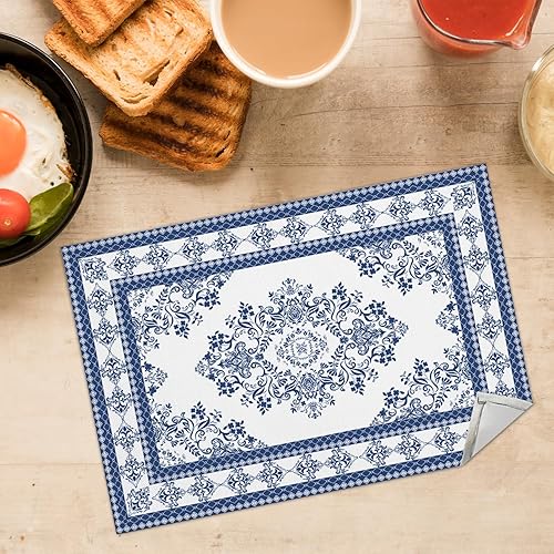 Miniatura 3 de Juego de 4 manteles individuales florales azules, 12 x 18 pulgadas, impermeables, lavables, resistentes al calor, manteles individuales para