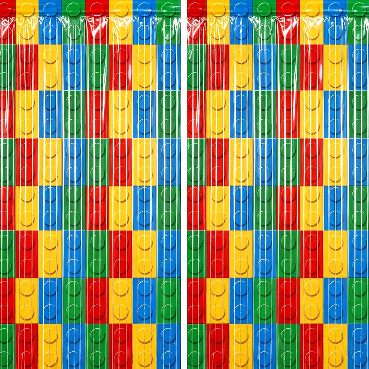 2 Packs Building Block Foil Fringe Curtain, Red Yellow Blue Green Glitter Metallic Tinsel Backdrop for Birthday, Baby Shower, Video Game Theme Party Decorations Supplies
