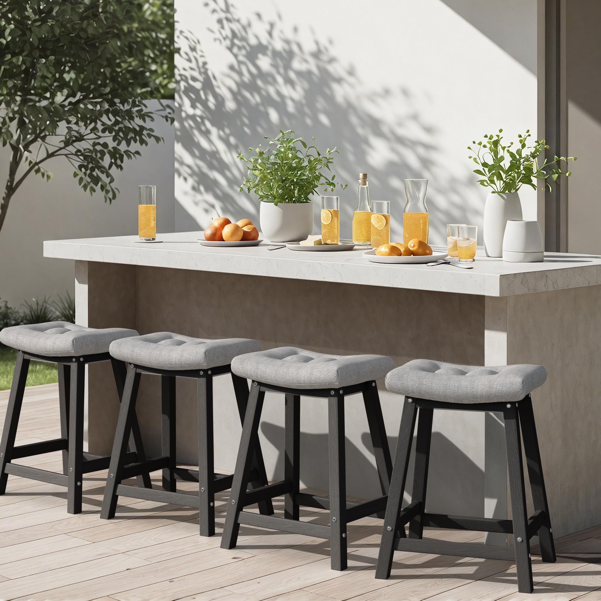 Ciokea 4 Set 24" Outdoor Bar Stools with Cushions, Heavy Duty HDPE Counter Height Bar Stools Weatherproof Patio Seats Modern Waterproof BarStools for Bar Deck Balcony Kitchen Counter Yard, Black