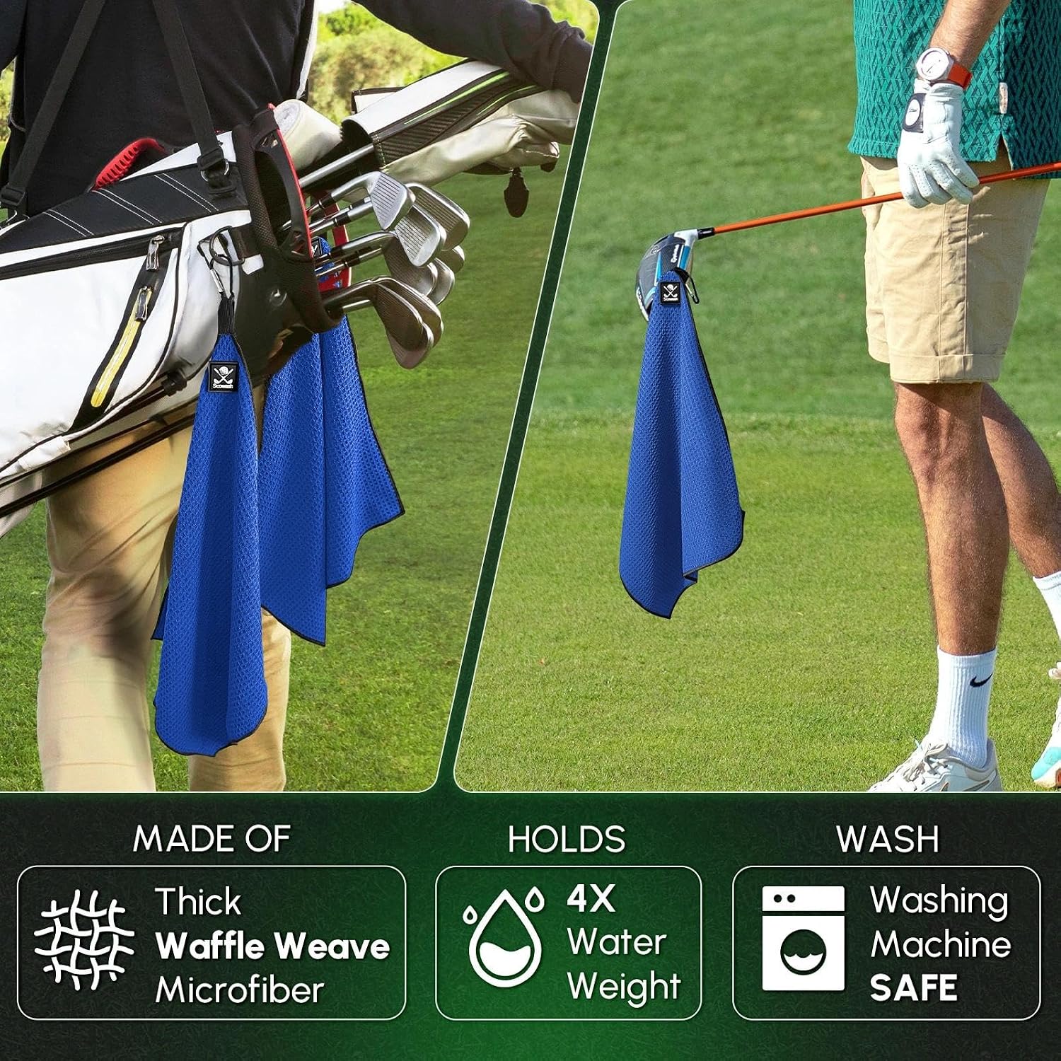 Magnetic Golf Towel 2-Pack, 18x18 Inch Microfiber Waffle Design with Strong Magnet - Golf Towels for Golf Bags/Carts, Quick-Dry & Ultra Absorbent(Blue)