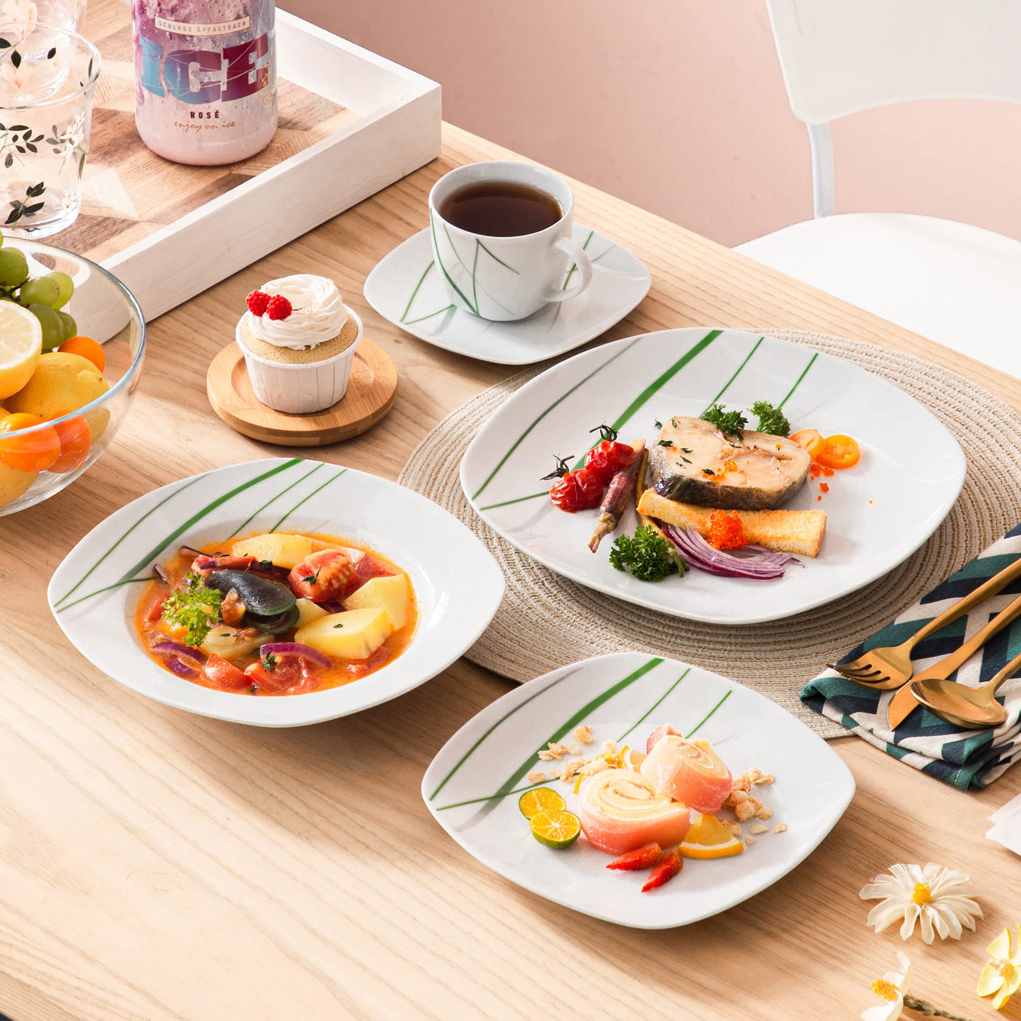VEWEET AVIVA 60pcs Service de Table Pocelaine 12 Assiettes Plates 24,7cm，12 Assiette Creuse 21,5cm, 12 Assiette à Dessert 19,2cm, 12 Tasses 220 ml et 14,5 cm Soucoupe pour 12 Personnes