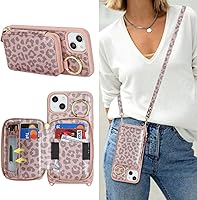 Vista 10 de Funda tipo cartera con bandolera para iPhone 15 Pro Max, funda de piel sintética con cierre de cremallera, funda tipo atril con ranuras para Oro Rosa