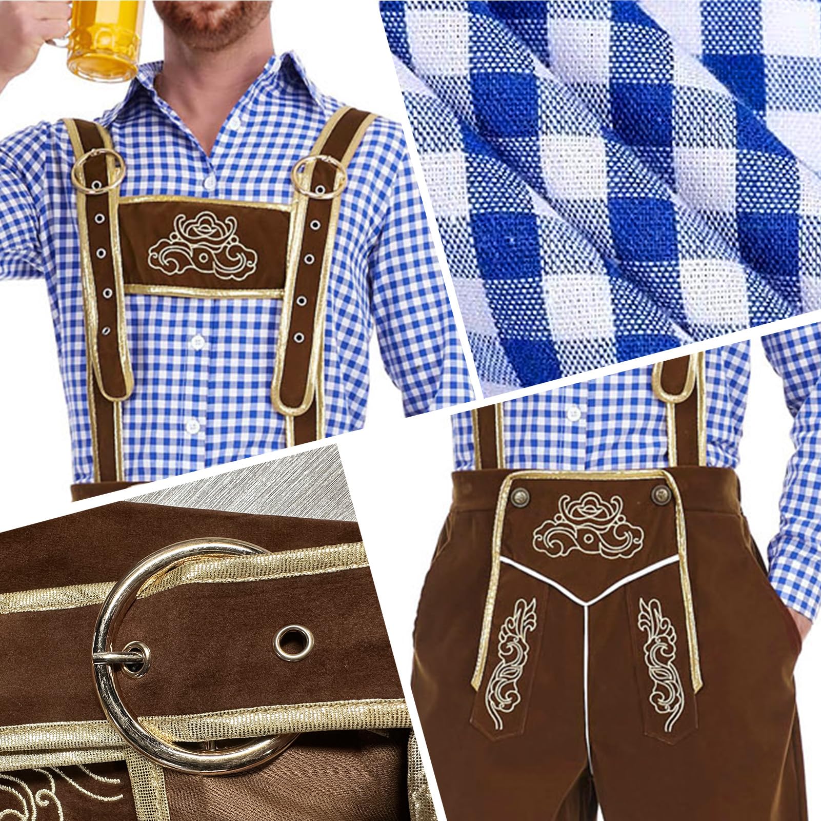 Oktoberfest Herren Outfit, Lederhose Herren Tracht Set, Enthält Oktoberfest Hemd Männer, Trachtenlederhose mit Trägern, Socken und Hut, Bayrische Tracht Männer für Cosplay Party Karneval