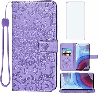 Phone Case for Moto G Power 2021 Wallet Cases with Tempered Glass Screen Protector Sunflower Leather Slim Flip Cover Card Holder Stand Cell Accessories Motorola GPower 2021 6.6 inch Women Purple